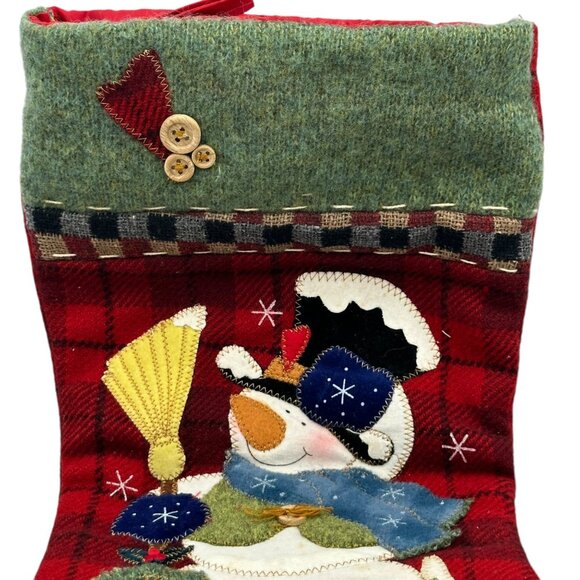 Vintage Christmas Stocking With Snowman Button Accents 18" Holiday Decoration - Picture 2 of 11